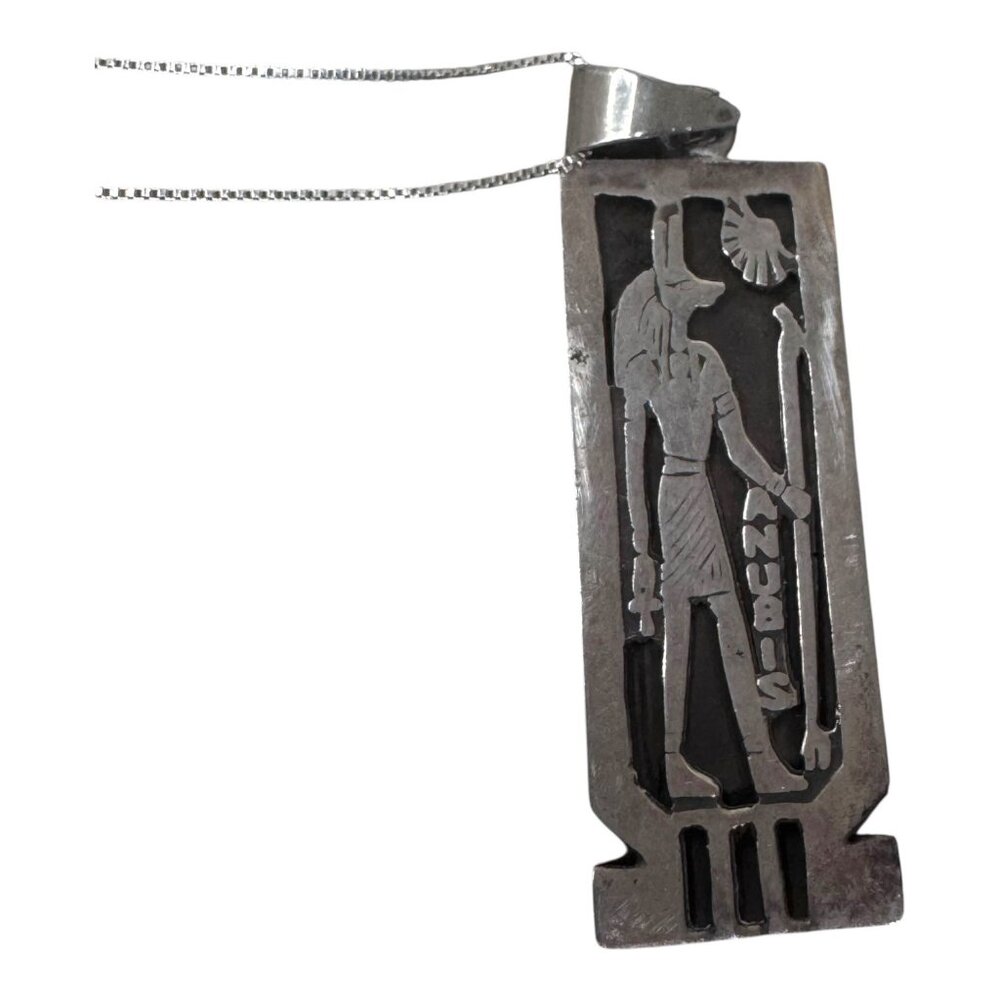 Authentic Egyptian Hieroglyphic 925 Silver Cartouche Pendant Necklace Anubis VTG